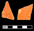 Identified as red border ware by Jacqueline Pearce in 1999, indeterminate vessel form with glazed interior (left) and unglazed exterior (right) sherds with pinkish red paste, from Melon Filed Site 18CV169 /214-B.